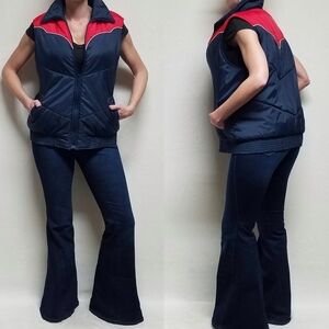 VINTAGE 70s Windbreaker Red Blue Colorblock Western Insulated Puffer Vest Large